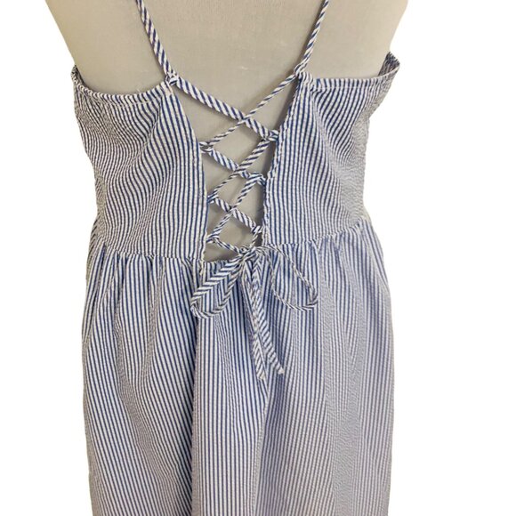 Divided Beach Striped Dress Sz 10 Spaghetti Strap Lace Up Back Button Blue White - Picture 6 of 14